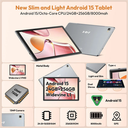 XGODY Android 15 Tablet P60Pro 10.1 inch Screen Unisoc T606-AI Octa-Core (8GB + 16GB )Max.24GBGB RAM 256GB 8000mah 5G Wifi-6