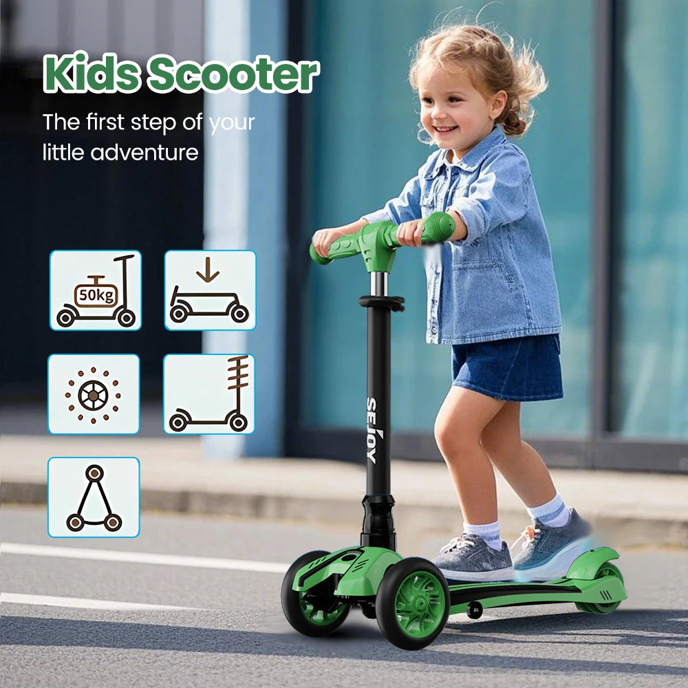 Sejoy Toddler Kick Scooter for Kids Childrens Foldable Seat Outside Bike Toy Scooter with Adjustable Height/Handlebars
