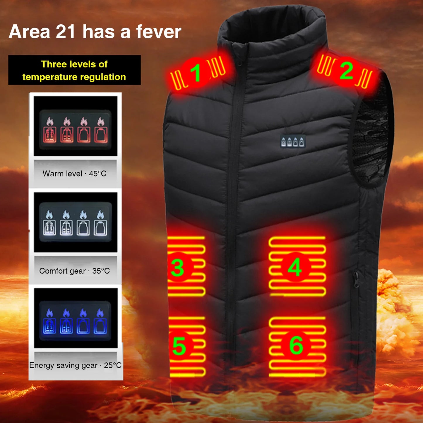 21 Area Heated Vest Thermal Warm Waistcoat Electric Heating Jacket (Black XXL)