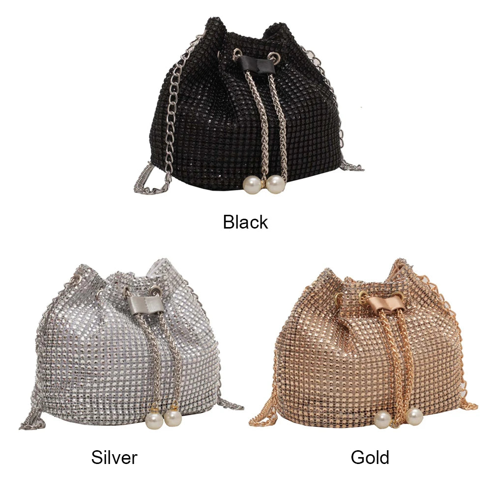 Women Chain Crossbody Bag Solid Color Rhinestone Glittering Satchel Bag Drawstring Bling Bucket Bag Female Dating Bag