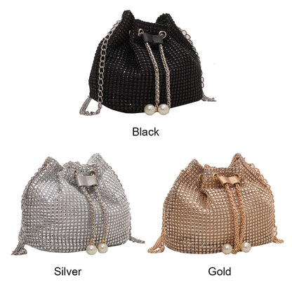 Women Chain Crossbody Bag Solid Color Rhinestone Glittering Satchel Bag Drawstring Bling Bucket Bag Female Dating Bag