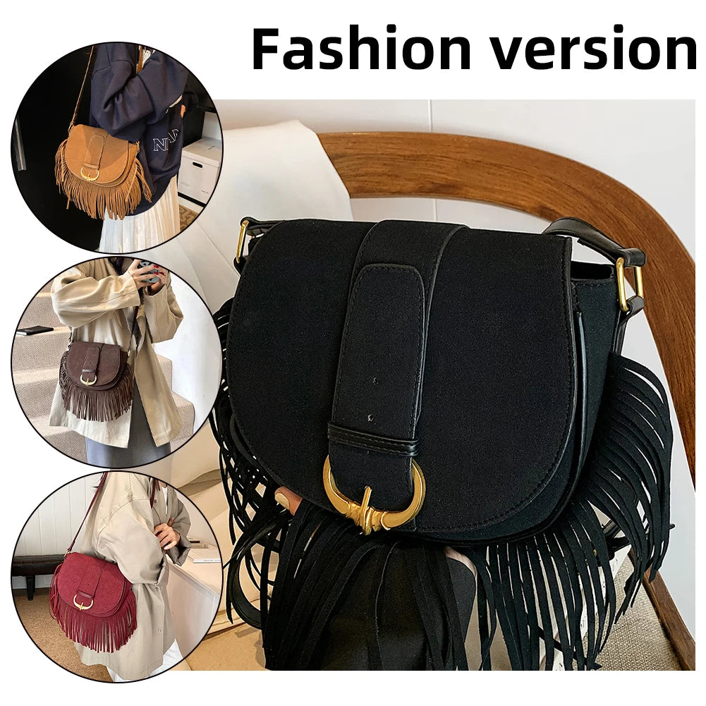 Women Suede Crossbody Bag with Tassels Shoulder Bag Zipper Closure Handbag Satchel Bag for Work Travel