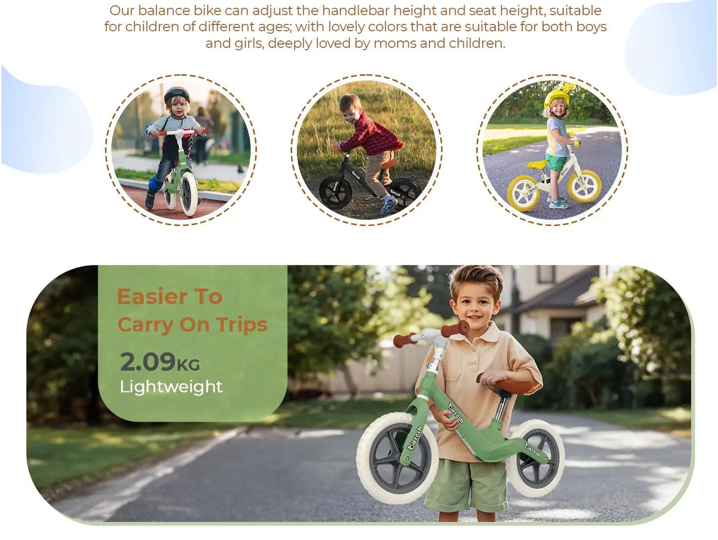 12" Balance Bike for Kids, Lightweight No Pedal Walking Balance Bike with Nylon Frame and Flat-Free Tires, Adjustable Training
