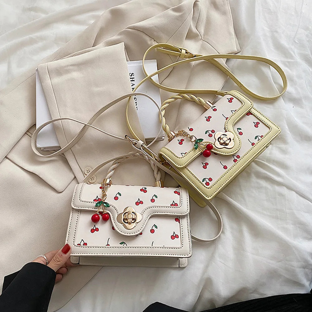 Women Cherry Square Chain Bag PU Leather Fashion Small Satchel Bag Versatile Cherry Pattern Sling Bag Female Daily Commute Bag