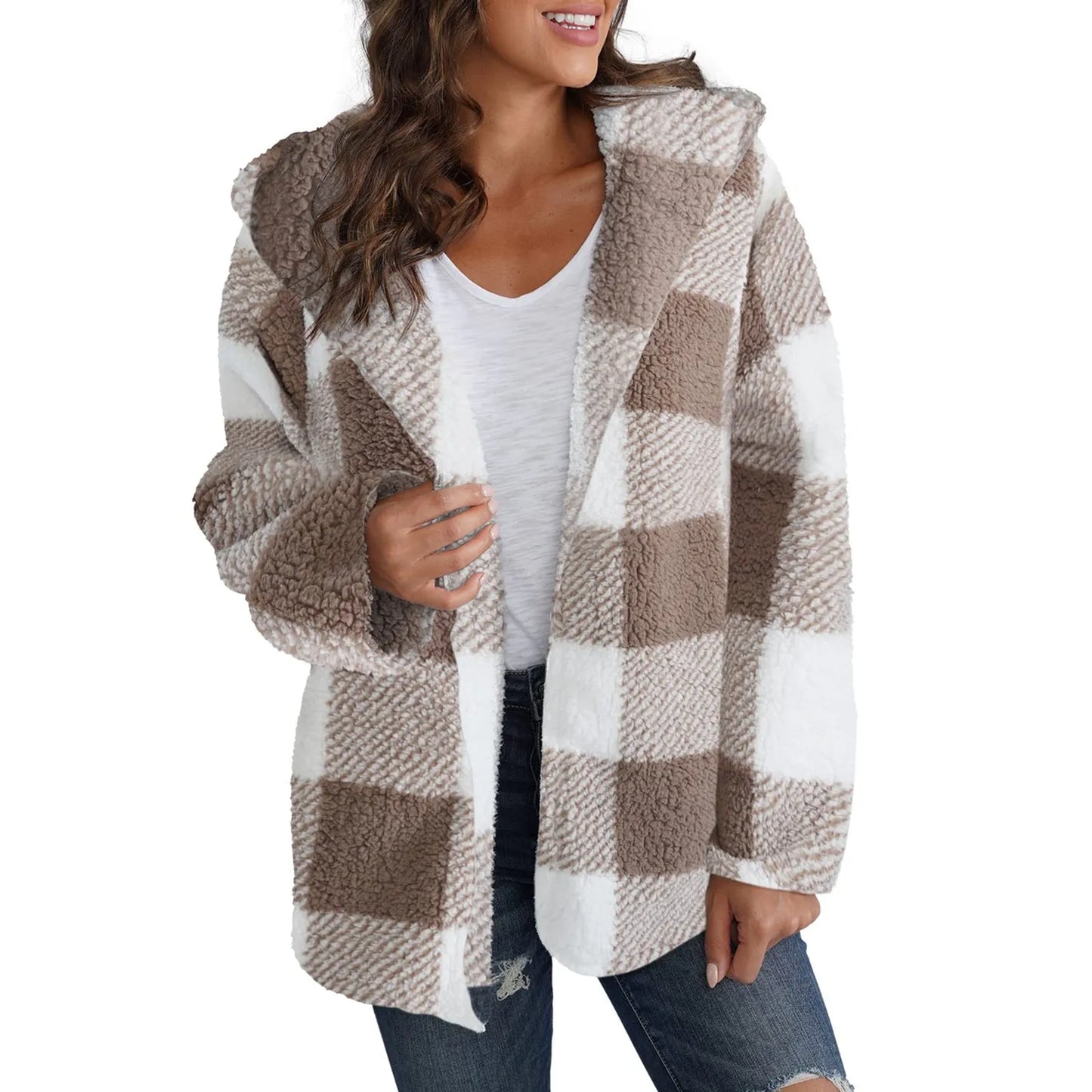 Loose Long Sleeve Plush Plaid Hooded Pocket Zipper Jacket Fashion Winter Warm Fuzzy Cardigan For Female