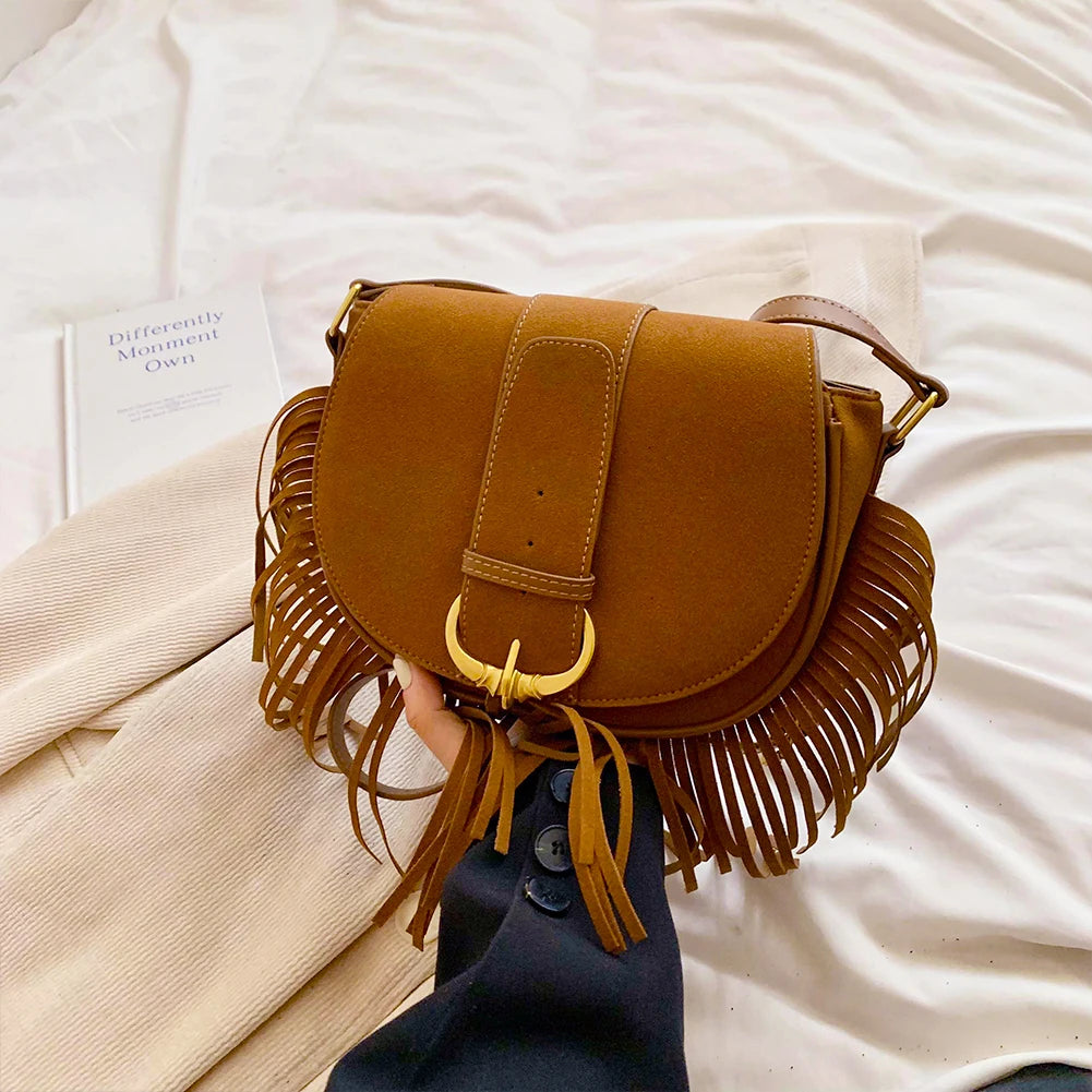 Women Suede Crossbody Bag with Tassels Shoulder Bag Zipper Closure Handbag Satchel Bag for Work Travel