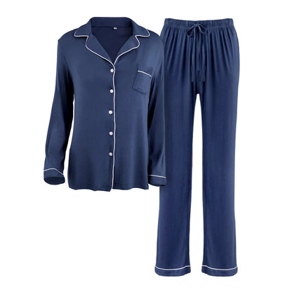 Modishion Long Sleeve Lapel Pajamas Solid Color Loungewear Set Button Top and Pants Women's Sleepwear Loungewear