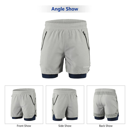 Lixada Men 2 in 1 Running Shorts Quick Drying Breathable Active Training Exercise Jogging Marathon Cycle Shorts