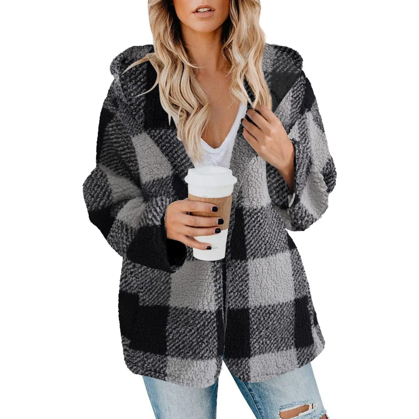Loose Long Sleeve Plush Plaid Hooded Pocket Zipper Jacket Fashion Winter Warm Fuzzy Cardigan For Female