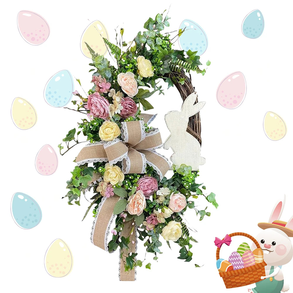 Easter Bunny Wreath Easter Wreath with Bow Spring Wreath Artificial Flower Wreath for Front Door Easter Decorations