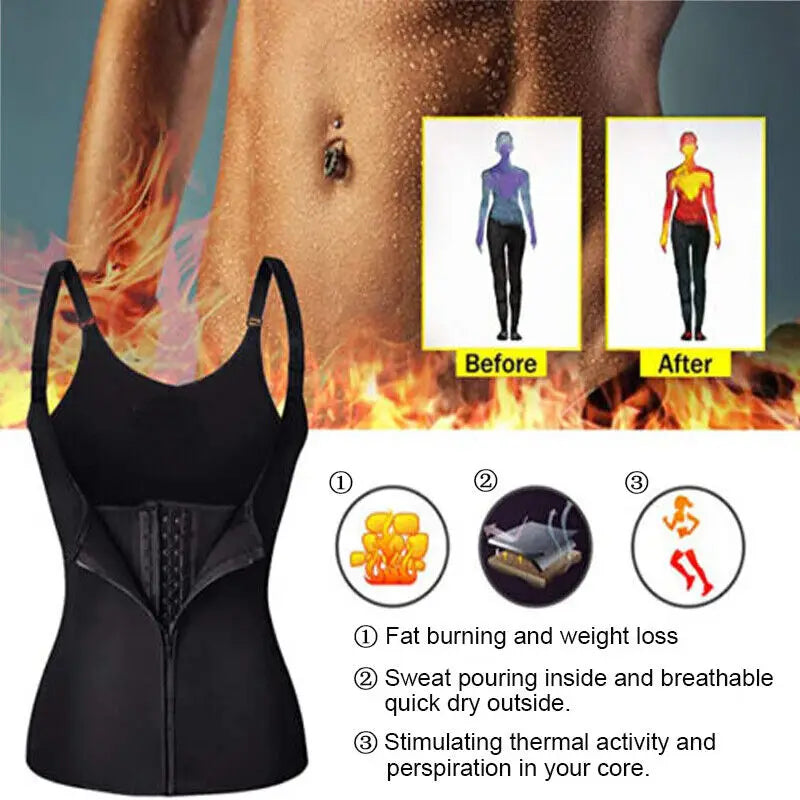 Women's Waist Trainer Sauna Sweat Vest Corset Body Shaper Neoprene Shapewear Gym Workout Tank Top Black Slimming Top with Zipper