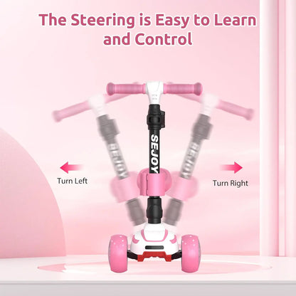 Sejoy Baby Scooter 2-8 Years with LED Wheels Adjustable Height Foldable Design & Dual Modes - Military-Grade Frame