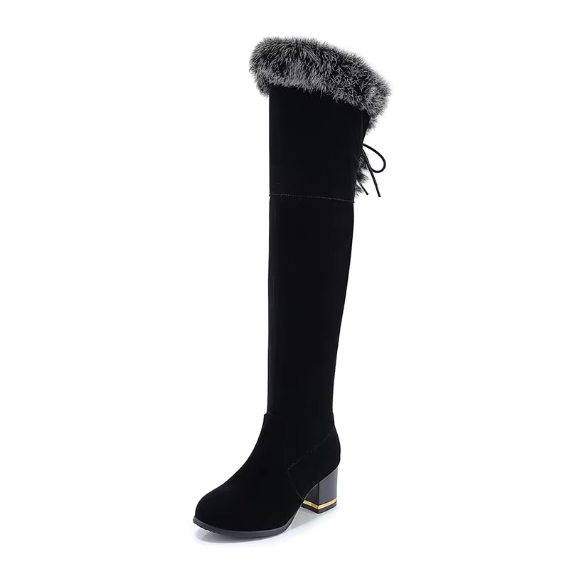 Natural Fur Winter Boots Women Knee High Long Boots Square Heel Winter Shoes Woman Waterproof Rubber Sole plus Size 46