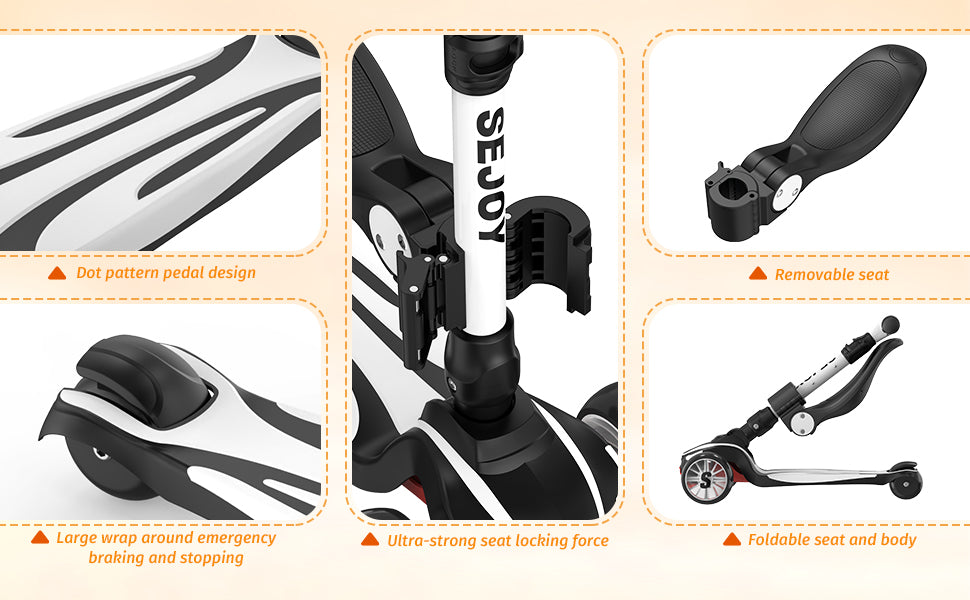 Sejoy Toddler Kick Scooter for Kids Childrens Foldable Seat Outside Bike Toy Scooter with Adjustable Height/Handlebars