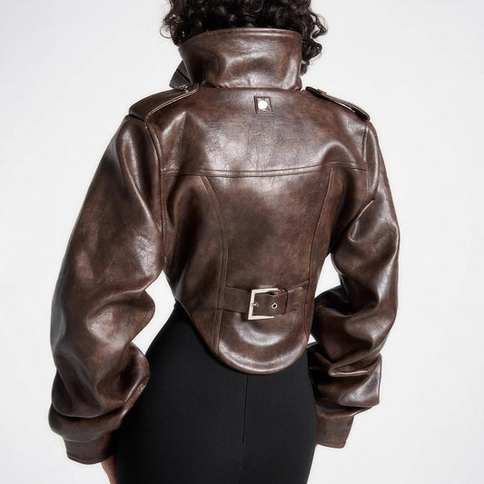High-End Short PU Leather Fishbone Coat
