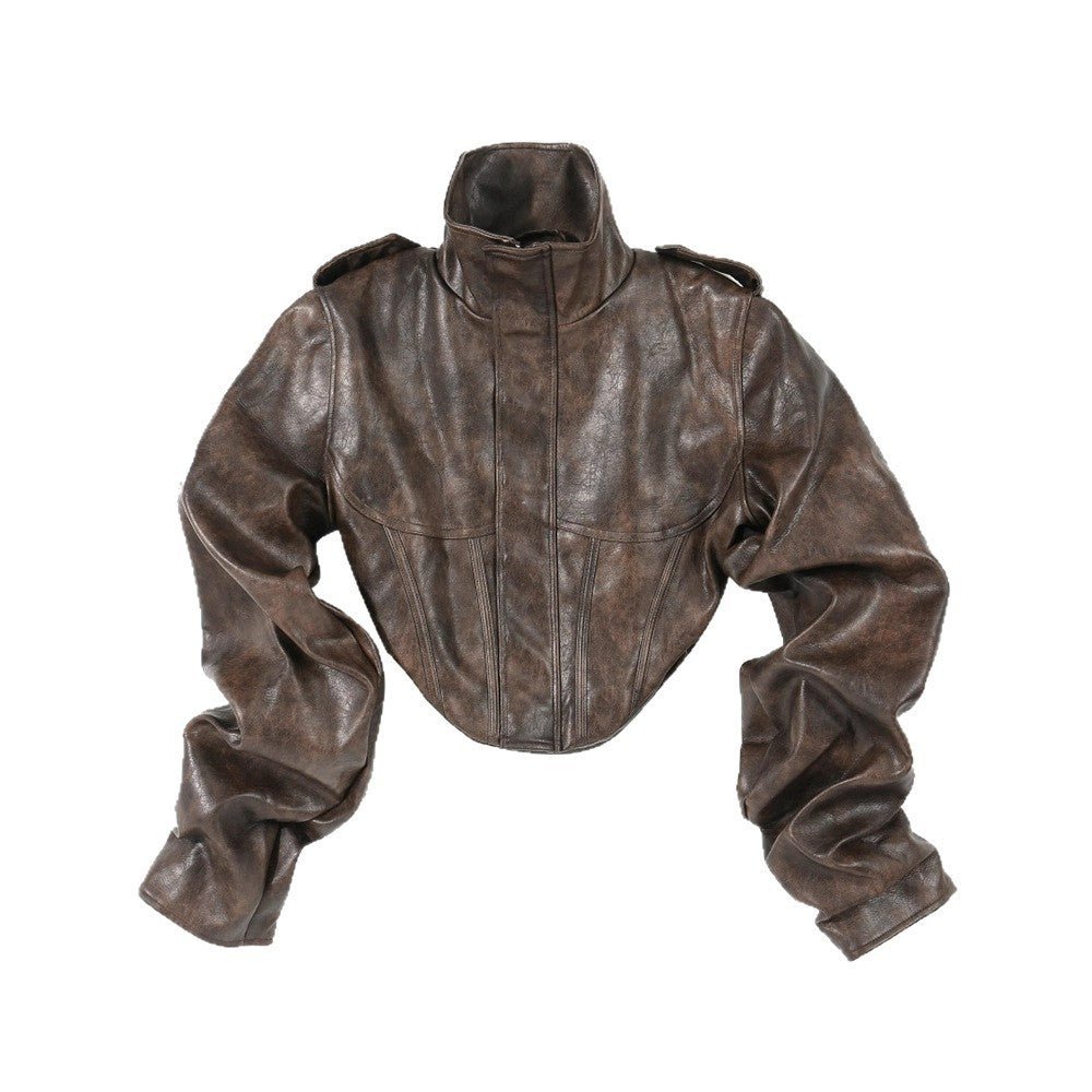 High-End Short PU Leather Fishbone Coat