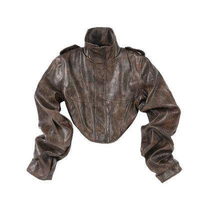 High-End Short PU Leather Fishbone Coat