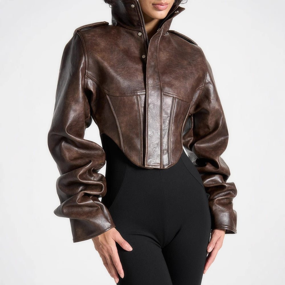 High-End Short PU Leather Fishbone Coat