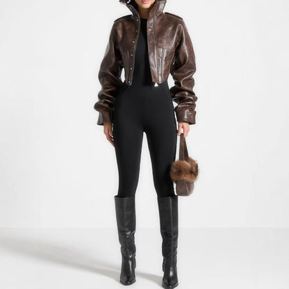 High-End Short PU Leather Fishbone Coat