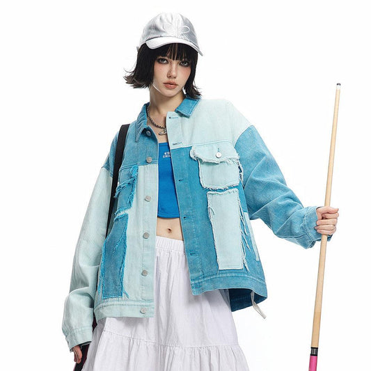 Irregular Color Contrast Patchwork Denim Jacket