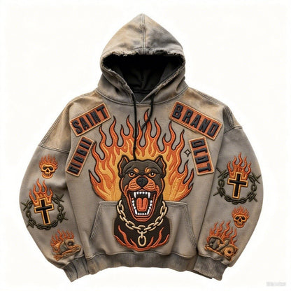 Retro Fiery Dog Design Print Loose Fit Hoodie