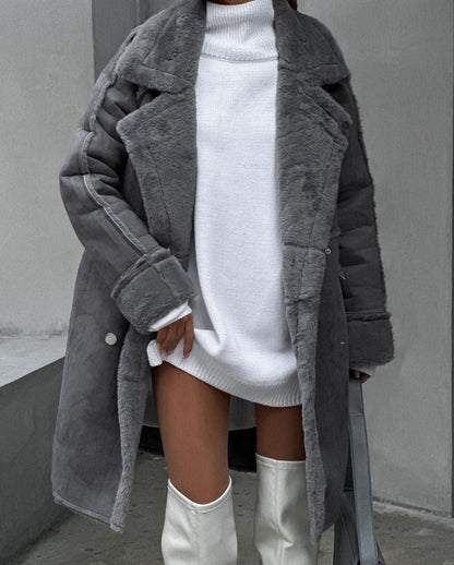Suede Coat Suit Collar Long Cardigan