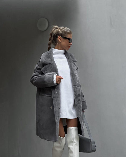 Suede Coat Suit Collar Long Cardigan