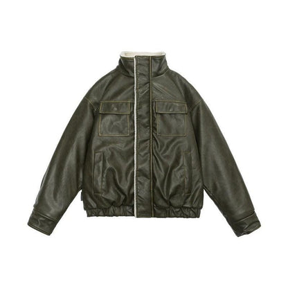 Winter Coat PU Leather Coat with Lamb Wool Lining
